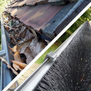 gutter brush installation showing before and after with leaves in the before clogging the gutter and the after showing a brush in the gutter keeping it clear